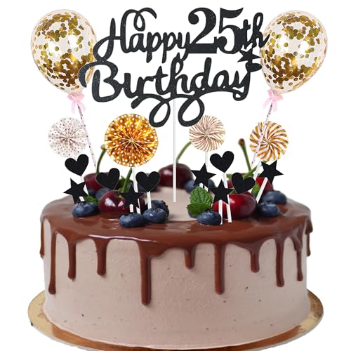 Cnrose Tortendeko Mann Frauen 25. Geburtstag Hello 25 Cake Topper schwarz gold mit Herz Stern Ballon Kuchendeko 25. Geburtstag Happy 25th Birthday Tortendeko 25 jahre Mann 25 Geburtstag Frauen von Cnrose