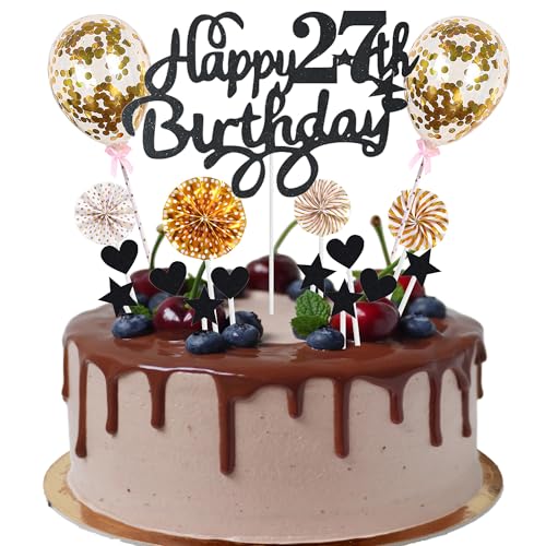 Cnrose Tortendeko Mann Frauen 27. Geburtstag Hello 27 Cake Topper schwarz gold mit Herz Stern Ballon Kuchendeko 27. Geburtstag Happy 27th Birthday Tortendeko 27 jahre Mann 27 Geburtstag Frauen von Cnrose