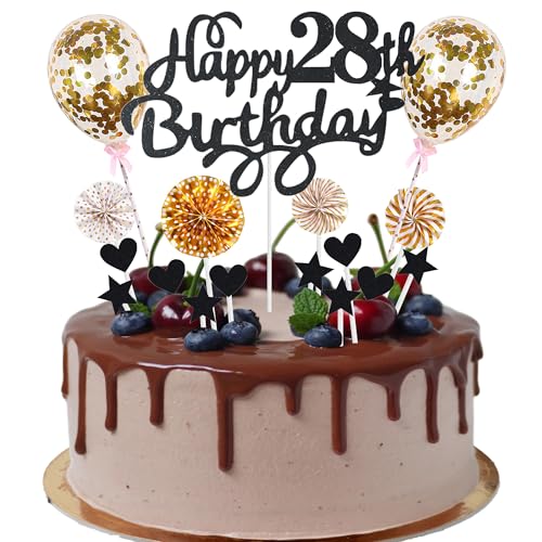 Cnrose Tortendeko Mann Frauen 28. Geburtstag Hello 28 Cake Topper schwarz gold mit Herz Stern Ballon Kuchendeko 28. Geburtstag Happy 28th Birthday Tortendeko 28 jahre Mann 28 Geburtstag Frauen von Cnrose