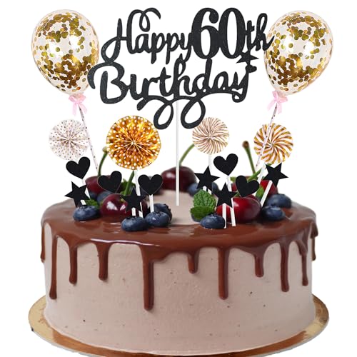 Cnrose Tortendeko Mann Frauen 60. Geburtstag Hello 60 Cake Topper schwarz gold mit Herz Stern Ballon Kuchendeko 60. Geburtstag Happy 60th Birthday Tortendeko 60 jahre Mann 60 Geburtstag Frauen von Cnrose