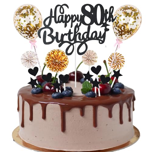 Cnrose Tortendeko Mann Frauen 80. Geburtstag Hello 80 Cake Topper schwarz gold mit Herz Stern Ballon Kuchendeko 80. Geburtstag Happy 80th Birthday Tortendeko 80 jahre Mann 80 Geburtstag Frauen von Cnrose