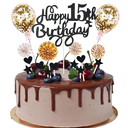 Cnrose Tortendeko junge mädchen 15. Geburtstag Hello 15 Cake Topper schwarz gold mit Herz Stern Ballon Kuchendeko 15. Geburtstag Happy 15th Birthday Tortendeko 15 jahre junge 15 Geburtstag Mädchen von Cnrose