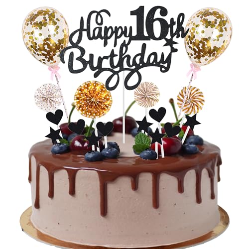 Cnrose Tortendeko junge mädchen 16. Geburtstag Hello 16 Cake Topper schwarz gold mit Herz Stern Ballon Kuchendeko 16. Geburtstag Happy 16th Birthday Tortendeko 16 jahre junge 16 Geburtstag Mädchen von Cnrose