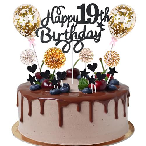 Cnrose Tortendeko für 19. Geburtstag: Happy 19th Birthday Aufsätze, Schwarz-Gold mit Herz, Stern, Ballon & Kuchendeko für Mädchen, 30 Stück Cnrose Tortendeko für 19. Geburtstag: Happy 19th Birthday Aufsätze, Schwarz-Gold mit Herz, Stern, Ballon & Kuchendeko für Mädchen, 30 Stück von Cnrose