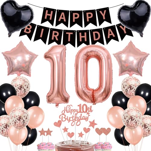 Deko 10. Geburtstag Mädchen Rosegold Schwarz Deko Set Tortendeko 10 Geburtstag Mädchen Junge mit Banner Deko Geschenk 10th Ballons 10 Jahr Geburtstagdeko Zahl 10 Luftballons für 10.ter Geburtstag von Cnrose