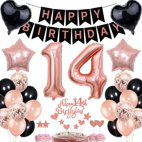 Deko 14. Geburtstag Mädchen Rosegold Schwarz Deko Set Tortendeko 14 Geburtstag Mädchen Junge mit Banner Deko Geschenk 14th Ballons 14 Jahr Geburtstagdeko Zahl 14 Luftballons für 14.ter Geburtstag von Cnrose