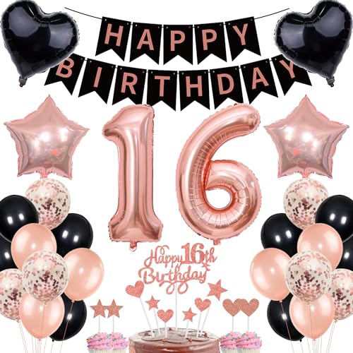 Deko 16. Geburtstag Mädchen Rosegold Schwarz Deko Set Tortendeko 16 Geburtstag Mädchen Junge mit Banner Deko Geschenk 16th Ballons 16 Jahr Geburtstagdeko Zahl 16 Luftballons für 16.ter Geburtstag von Cnrose