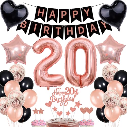 Deko 20. Geburtstag Frauen Rosegold Schwarz Deko Set Tortendeko 20 Geburtstag Frauen Mann mit Banner Deko Geschenk 20th Ballons 20 Jahr Geburtstagdeko Zahl 20 Luftballons für 20.ter Geburtstag von Cnrose