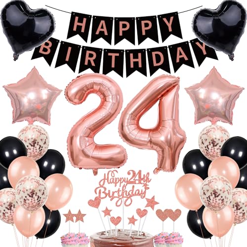 Deko 24. Geburtstag Set für Frauen und Männer - Rosegold Schwarz Tortendeko mit Banner, Ballons, Luftballons - Geschenk für 24. Jahr Deko 24. Geburtstag Set für Frauen und Männer - Rosegold Schwarz Tortendeko mit Banner, Ballons, Luftballons - Geschenk für 24. Jahr von Cnrose
