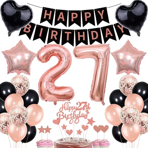 Deko 27. Geburtstag Frauen Rosegold Schwarz Deko Set Tortendeko 27 Geburtstag Frauen Mann mit Banner Deko Geschenk 27th Ballons 27 Jahr Geburtstagdeko Zahl 27 Luftballons für 27.ter Geburtstag von Cnrose