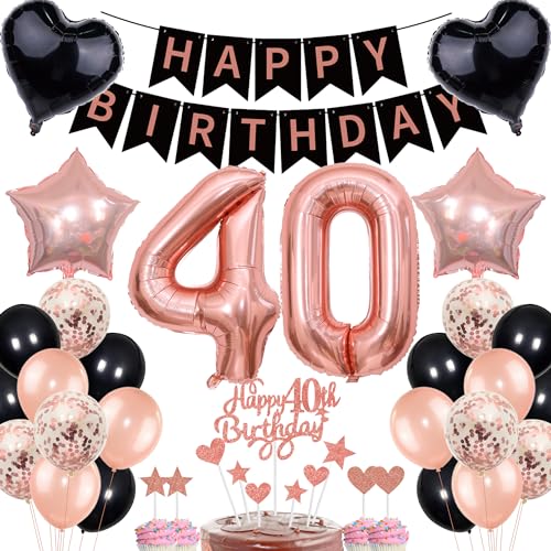 Deko 40. Geburtstag Frauen Rosegold Schwarz Deko Set Tortendeko 40 Geburtstag Frauen Mann mit Banner Deko Geschenk 40th Ballons 40 Jahr Geburtstagdeko Zahl 40 Luftballons für 40.ter Geburtstag von Cnrose