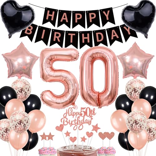 Deko 50. Geburtstag Frauen Rosegold Schwarz Deko Set Tortendeko 50 Geburtstag Frauen Mann mit Banner Deko Geschenk 50th Ballons 50 Jahr Geburtstagdeko Zahl 50 Luftballons für 50.ter Geburtstag von Cnrose