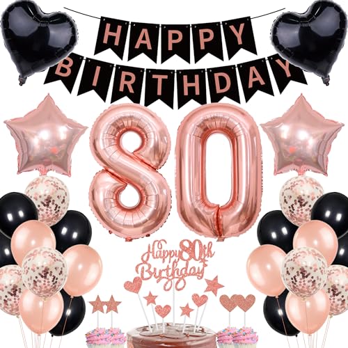 Deko 80. Geburtstag Frauen Rosegold Schwarz Set - Tortendeko, Banner, Geschenk, Ballons, Luftballons für Mann und Frau - 80th Jahr Feier Deko 80. Geburtstag Frauen Rosegold Schwarz Set - Tortendeko, Banner, Geschenk, Ballons, Luftballons für Mann und Frau - 80th Jahr Feier von Cnrose