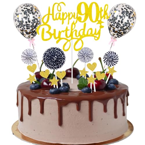 Happy 90th Birthday Tortendeko 90 jahre mann frauen Kuchendeko 90. Geburtstag Gold Schwarz Tortendeko 90. Geburtstag mann Tortendeko Gold Mit Herz Stern Ballon Glitter Cake Topper für 90 Geburtstag von Cnrose