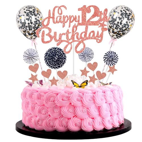 Tortendeko Mädchen 12. Geburtstag Hello 12 Cake Topper Rosegold Schwarz mit Herz Stern Ballon Kuchendeko 12. Geburtstag Mädchen Happy 12th Birthday Tortendeko 12 jahre Mädchen 12 Geburtstag Mädchen von Cnrose