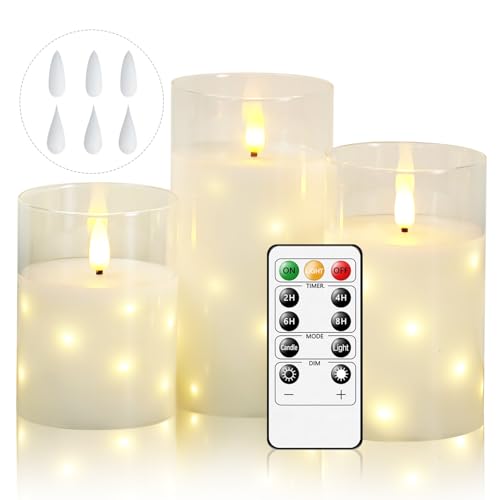 Cnulenzt Glas Flammenlose LED Kerzen, Batteriebetriebene mit eingebetteter Sternschnur-Lichterkette, led kerzen Mit Fernbedienung und Timer, Hochzeit, Home Decor, 3er-Set（weiß） von Cnulenzt