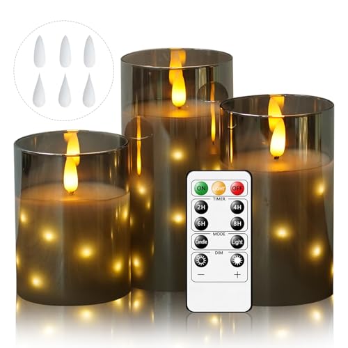 Cnulenzt Glas Flammenlose LED Kerzen, Batteriebetriebene mit eingebetteter Sternschnur-Lichterkette, led kerzen Mit Fernbedienung und Timer, Home Dekoration, Echtes Wachs, 3er-Set（Grau） von Cnulenzt