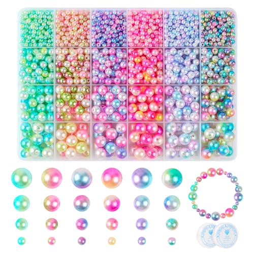 CoKeeSun 2000 Stück Bunte Perlen für Armbänder,Perlenset zum Auffädeln, 4/6/8/10mm Bastelperlen Rund mit Löchern mit 2 Stück Schmuckfaden für Schmuck,Halsketten, Ohrringe, Basteln, DIY von CoKeeSun