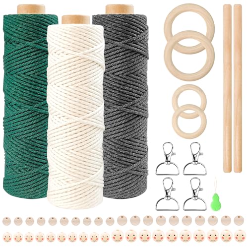 CoKeeSun 3stuks Makramee Garn Set, 2mm x 180m 100% Baumwollkordel, Natur Baumwollgarn mit 40 Holzperlen 4 Holzringe 4 Rundstab 4 Schlüsselanhänger für Basteln Stricken Deko (Dunkelgrün, Beige, Grau) von CoKeeSun
