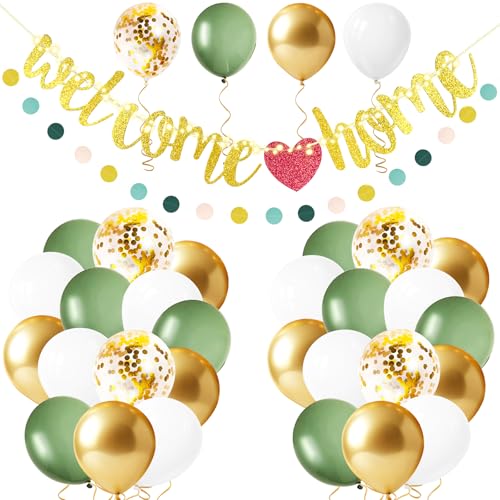CoKeeSun Willkommen Zuhause Deko, Welcome Home Baby, Herzlich Willkommen Girlande Ballon Schild Set, Willkommen Zurück Banner Grün Gold Luftballons für Einweihung Party,Zuhause, Geburt,Fest von CoKeeSun
