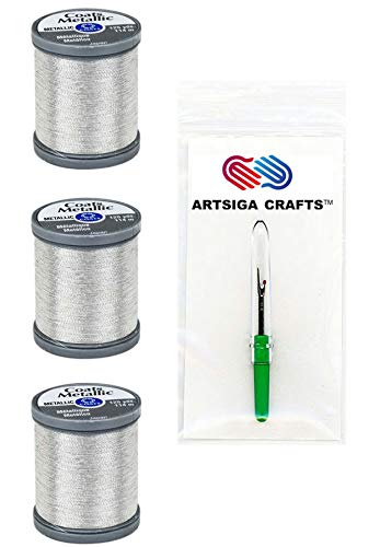 Coats & Clark S990-9420-3P Metallic-Stickgarn, 125 Yds (3er-Pack) Silbernes Bündel mit 1 Artsiga Crafts Nahttrenner von Coats & Clark Sewing Thread