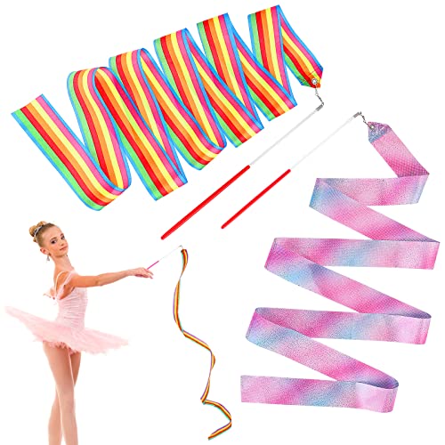 Cobee Gymnastik Tanzbänder, 2 Stück 78,7 Zoll Funkelnde Tanzbänder Regenbogen Tanzband mit Zauberstab Rhythmische Bänder Luftschlangen für Erwachsene und Kinder Künstlerisches Tanztraining von Cobee