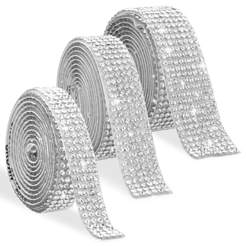 Cobee 3 Rollen Strassband Selbstklebend Zum Aufnähen - Bling Glitzerband Silber 0.9cm 1.3cm 1.7cm Breite - Glitzersteine Aufkleber für Auto DIY Dekoration Kunst von Cobee