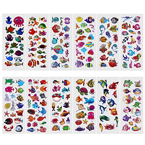cobee 3D Meerestiere Aufkleber für Kinder, 12 Bögen Puffy Sticker Sea Ocean Life Foam Sticker Sea Window Gel Clings Decals für Jungen und Mädchen von Cobee