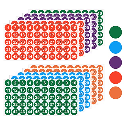 Cobee Nummernaufkleber, 10 Blatt nummeriert von 1 bis 50 und 51 bis 100, 2,5 cm Vinyl-Nummernaufkleber, selbstklebend, wasserdicht, runde Nummernaufkleber, Inventaraufkleber, Etiketten (5 Farben) von Cobee