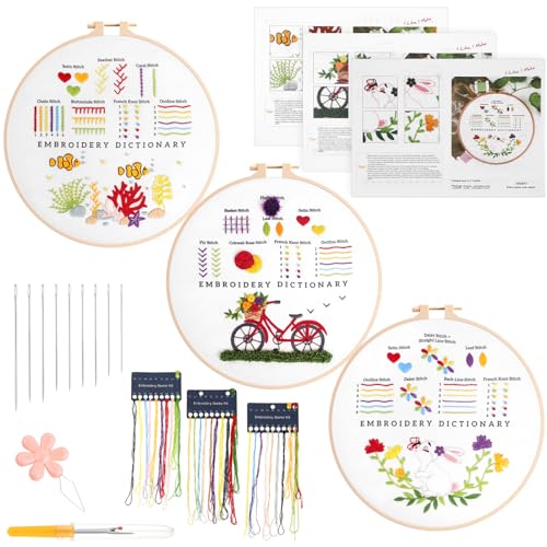 Cobee Stickset für Anfänger,3 Sets 15 Verschiedene Stiche Grundlegende und Fortgeschrittene Stickstiche Blumenmuster Pflanzen Sticken mit Stickrahmen Anleitung Werkzeuge Embroidery Kit für Erwachsene von Cobee