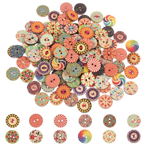 cobee 200 Stück Bunte Holzknöpfe, 15mm Vintage Nähen Knöpfe Rund Blumen Puppenknöpfe Basteln Buttons Knöpfe zum Annähen, Geometrishes Muster Kinderknöpfe für Nähen DIY Basteln Handwerk Deko von Cobee