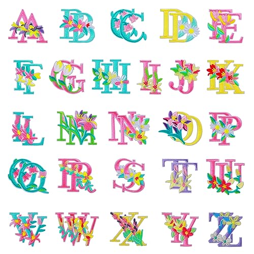 cobee 52 Stück Blumen Buchstaben Aufnäher zum Aufbügeln, A-Z Alphabet bestickte Applikationen bunte Buchstaben Aufnäher Nähen Reparaturflicken für Kleidung DIY Handwerk von cobee