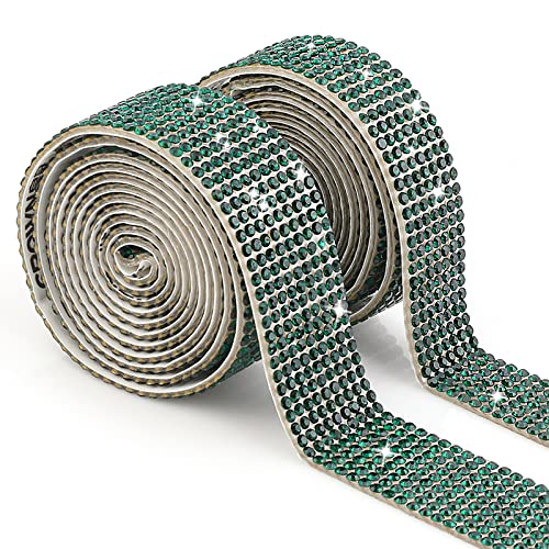 cobee Kristall-Strassbandrolle, 2 Rollen selbstklebende Diamantbänder, 2 Yards Bling DIY Strassbänder Diamant Aufkleber Banding Belt Wrap für Hochzeit Geburtstag Basteln Dekoration (Grün) von cobee