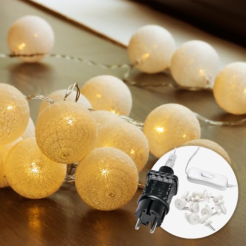 CozyHome Cotton Balls Lichterkette Kugel - 20 LED & 6m Warmweiß Strombetrieben | Zimmer Party Deko Lichtergirlande Lichterkette kleine Kugeln I Girlande mit Baumwollkugeln Bälle Ball von Cobus