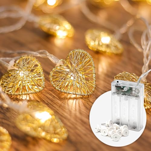 CozyHome Herz Lichterkette mit Batterie & Timer – 5m 20 LED Warmweiss I Gold Herzen Deko I LED Lichterkette mit Batterie I Verlobung Hochzeit Tisch I Goldene Lichtetterkette Lichter Ketten mit Strom von Cobus