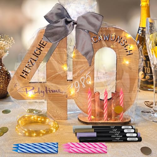 CozyHome Holz Gästebuch 40 Geburtstag Deko - Inkl. Lichterkette + 6 Kerzen & 4 Stifte I Perfekt für Deko 40 Geburtstag Frauen Deko 40 Geburtstag Männer 40. Geburtstag Männer von Cobus