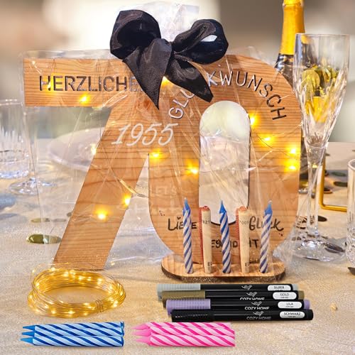 CozyHome Holz Gästebuch 70 Geburtstag Deko - Inkl. Lichterkette + 6 Kerzen & 4 Stifte I Deko 70 Geburtstag Mann 70. Geburtstag Frau & Mann Geschenk Deko 70 Geburtstag Frau Geschenke von Cobus
