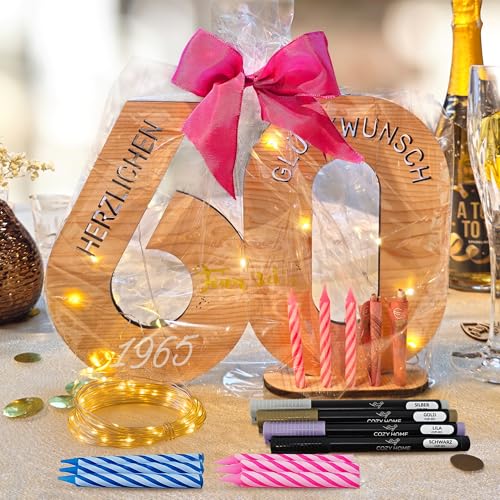 CozyHome Holz Geburtstagskarte 60 Geburtstag Deko - Inkl. Lichterkette + 6 Kerzen & 4 Stifte I Geburtstags Deko 60 Jahre Frau & Mann Geschenke CozyHome Holz Geburtstagskarte 60 Geburtstag Deko - Inkl. Lichterkette + 6 Kerzen & 4 Stifte I Geburtstags Deko 60 Jahre Frau & Mann Geschenke von Cobus