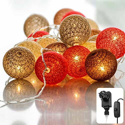 CozyHome Cotton Ball Lichterkette Kugeln Braun - 20 LED & 6m Warmweiß mit Netzstecker | Teenager Hausbett Bunt Deko Lichtergirlande Lichterkette Kinderzimmer I Kugel Mädchenzimmer Kinderlichterketten von Cobus