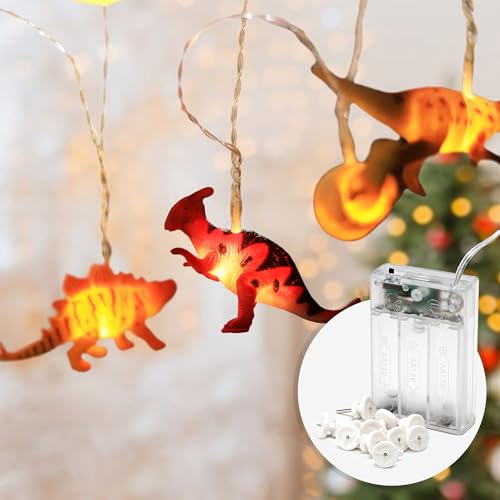 CozyHome Dino Lichterkette Kinderzimmer Deko Junge - 12 LED Figuren & 3m Batteriebetrieben I Bett Hausbett Junge Mädchen Kinder Lichterketten I Deko Kinderzimmer Lichterkette Kinderwagen Dino Laterne von Cobus