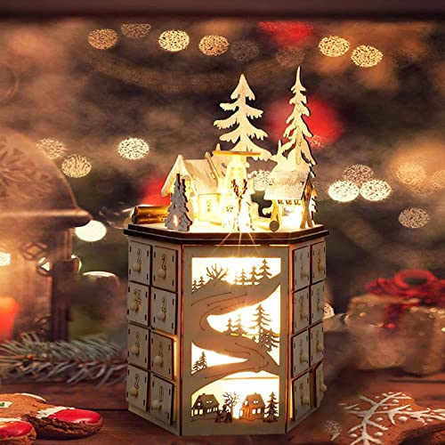 Countdown Weihnachtskalender mit 24 kleinen Schubladen, Weihnachts Adventskalender Aus Holz, eingebauten LED Leuchten und Led rotierende Musik, Geschenke Für Familie (Holz) von Cockjun