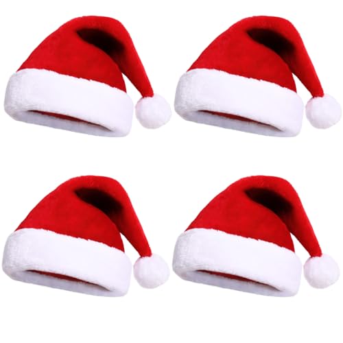 Nikolausmütze Mütze,Plüsche Weihnachtsmann Mütze,Weihnachtsmütze,Weihnachtsmütze Set,Unisex Rot Weihnachten Hüte für Erwachsene und Kinder,Verschiedene Größen passend für die ganze Familie（4 Stück） von Coffee Life Plus