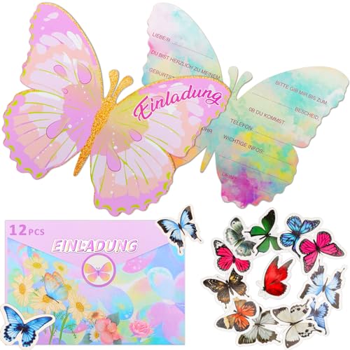 Coicok 12 Stück Schmetterlings Einladungskarten für Kindergeburtstagsfeier, mit Umschlag, Schmetterling Leuchtende Tattoo, Siegelsticker von Coicok