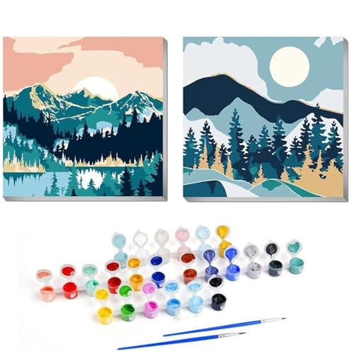 Coinsyyds 2 Stück Malen Nach Zahlen Erwachsene, Malen Nach Zahlen kinder Landschaft für kinder mit Rahmen, 20x20cm - Berglandschaft DIY Paint by numbers Kit für Wanddekoration von Coinsyyds