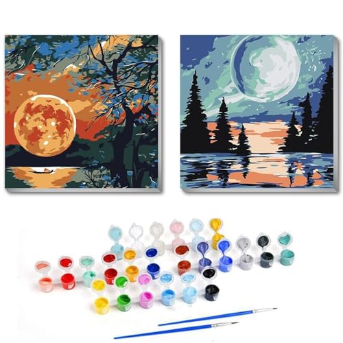 Coinsyyds 2 Stück Malen Nach Zahlen Erwachsene Mit Rahmen - Handgemalter Mond Landschaft [20x20cm] DIY Paint by numbers set mit Pinseln und Acrylfarben für Home Decor von Coinsyyds