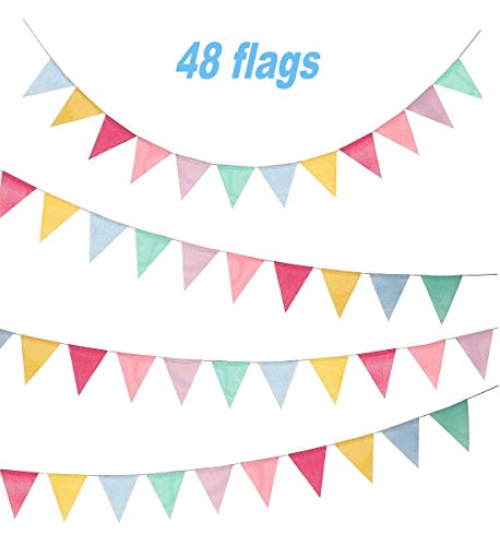 Cojoy 10 Mt Wimpel, Sackleinen Stoff Wimpelkette mit 48 stücke Dreieck Flags Multicolor Girlande für Geburtstag, hochzeit Party Dekoration von Cojoy