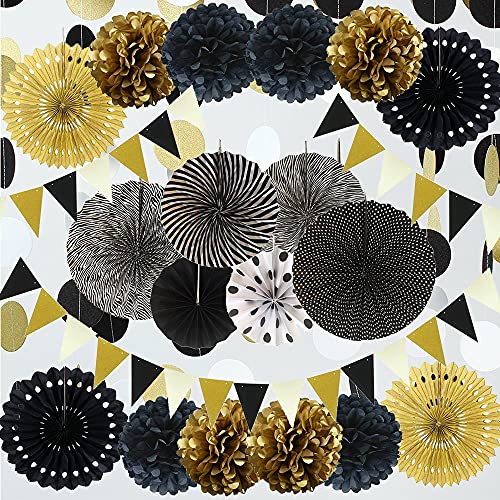 Cojoy Schwarz und Gold Party dekorations set, 21 pcs hängende Papierfächer, pompons Blumen, Papier Wimpel und Polka Dot Girlande für Hochzeit geburtstags Babyparty Weihnacht Party dekorationen von Cojoy