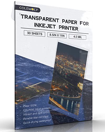 Colemoly Transparentes Papier, 30 Blatt Tintenstrahl-Transparenzfolie, Tintenstrahldrucker (100 % klar), Acetat-Blätter, klares Papier, 21,6 x 27,9 cm, für Bastelarbeiten, Premium-Druck von Colemoly