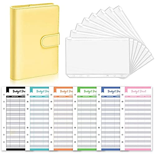 Budget Planner,Briefumschläge Binder,A6 Ringbuch Geld Organizer Leder Notizbuch, Geld Organizer, Sparen Mappe, 8 Pcs Bindertaschen, 12 Pcs Budget Blätter für Schule, Zuhause (Gelb) von Colexy