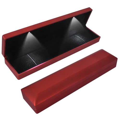 Halskette Box mit LED Licht, Anhänger Armband Kette Box, Lange Halskette Geschenkboxen, Samt Schmuck Geschenkbox mit LED-Innenbeleuchtung, für Verlobung Heiratsantrag Hochzeit, 23*5.5*3.5cm (Rot) von Colexy